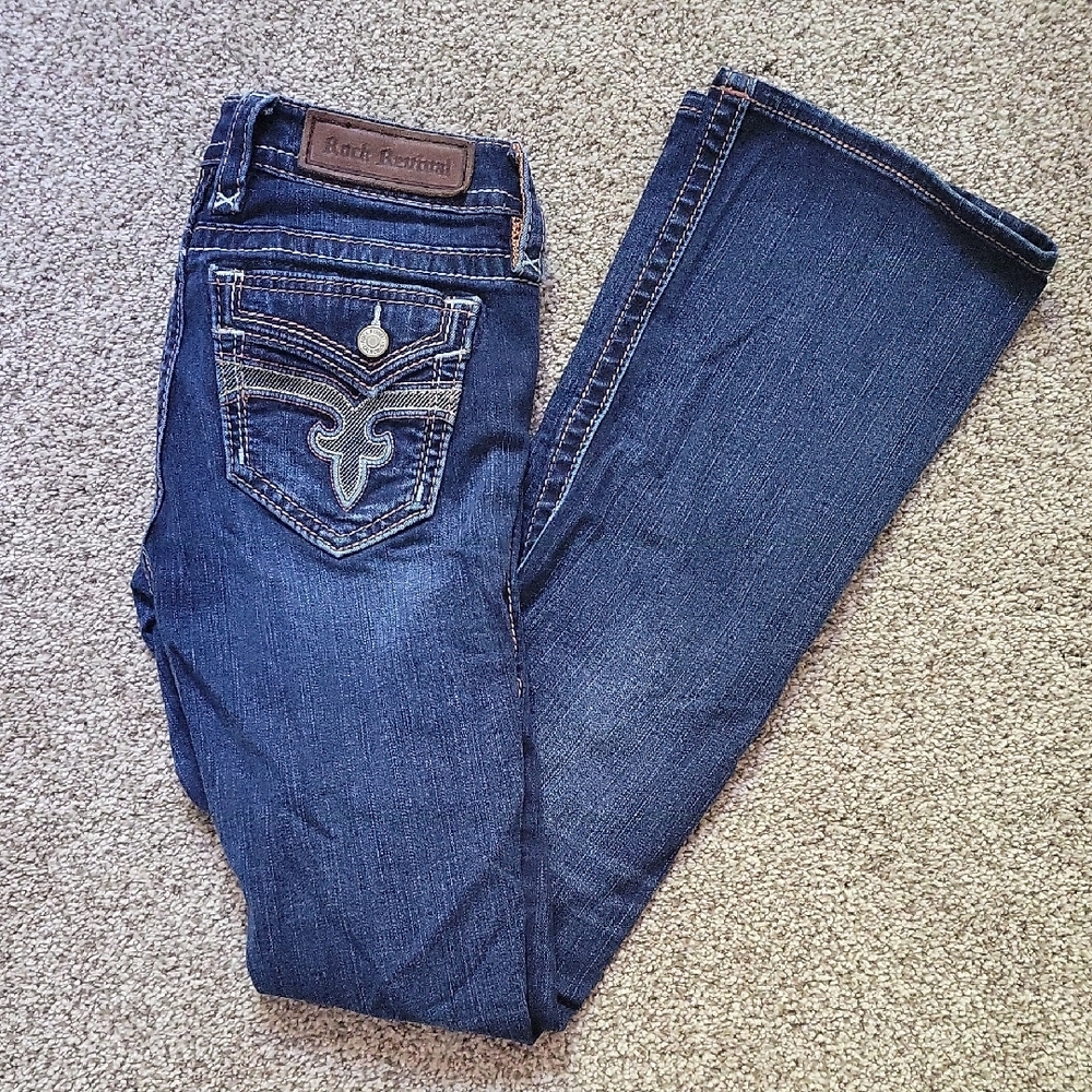 Rock Revival Blue Boot Cut Jeans with Decorative Stitching
